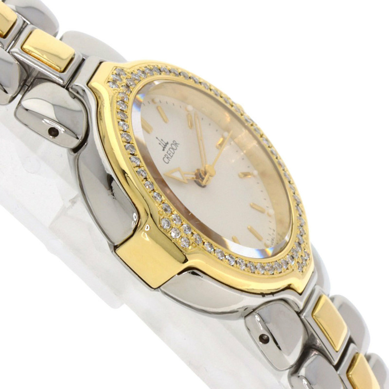 精工 GSAB004 Credor 鑲鑽錶圈腕錶，不鏽鋼/18K黃金/鑲鑽，女款-5