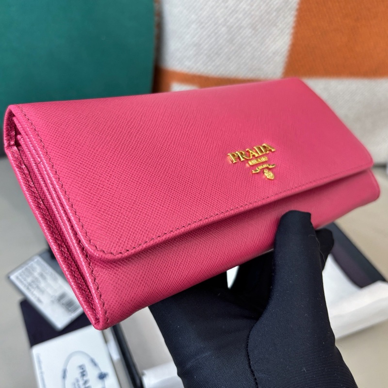 【近新閒置品】Prada 粉色十字紋牛皮長款錢包長夾財布-3