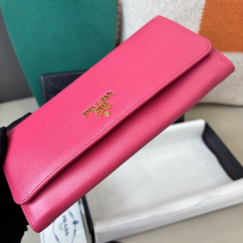 【近新閒置品】Prada 粉色十字紋牛皮長款錢包長夾財布-5