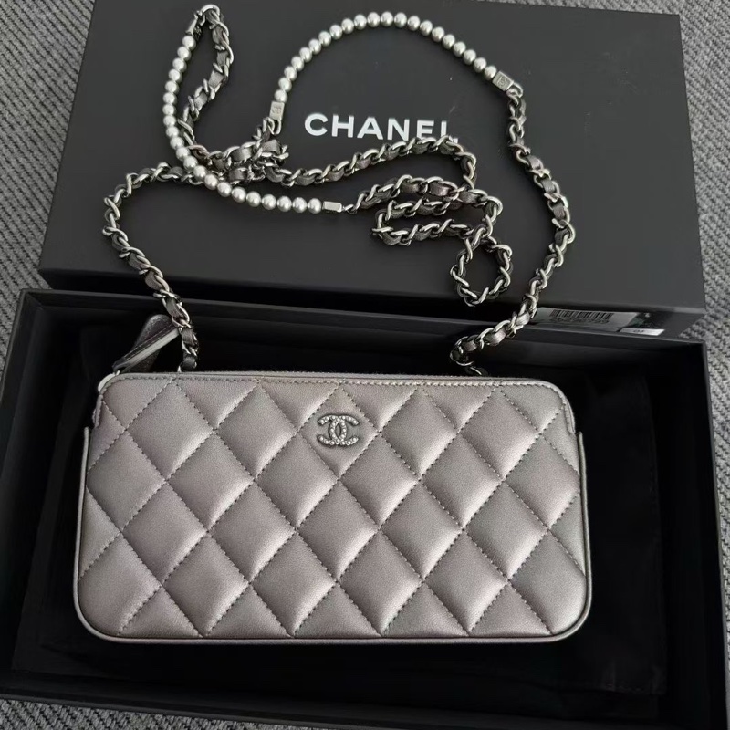 【全新品】香奈兒chanel雙層銀色珍珠鏈條手機包 woc長夾財布鏈條包-0