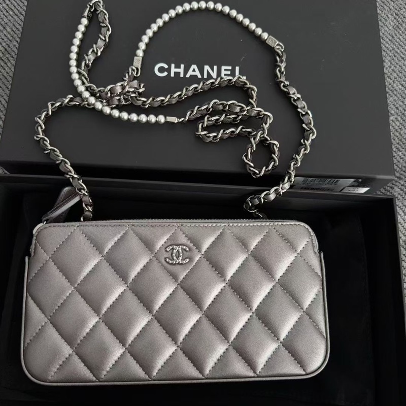 【全新品】香奈兒chanel雙層銀色珍珠鏈條手機包 woc長夾財布鏈條包-1