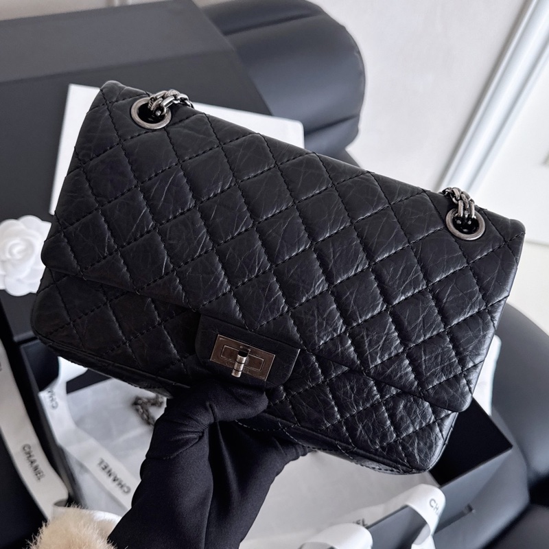 【近新閒置品】Chanel香奈兒 黑銀2.55復古牛皮小號 12開菱格紋掀蓋鏈條包-0