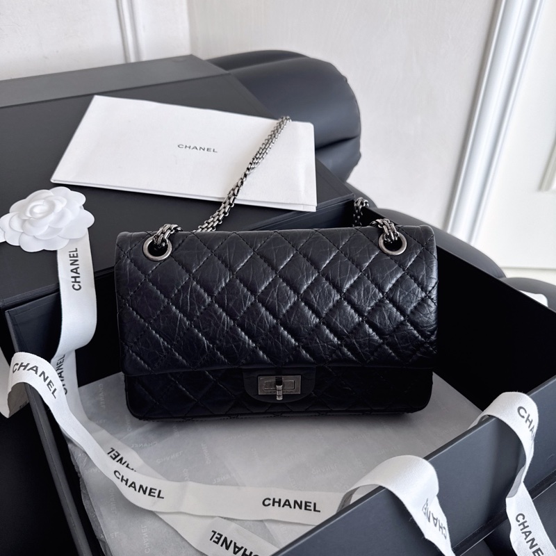 【近新閒置品】Chanel香奈兒 黑銀2.55復古牛皮小號 12開菱格紋掀蓋鏈條包-2