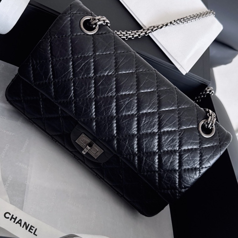 【近新閒置品】Chanel香奈兒 黑銀2.55復古牛皮小號 12開菱格紋掀蓋鏈條包-4