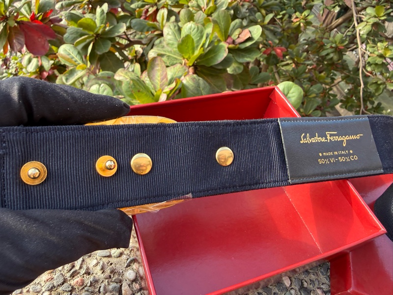 二手絕版Ferragamo深藍色蝴蝶結金屬logo緞帶拚皮革腰封腰帶Vintage皮帶-4