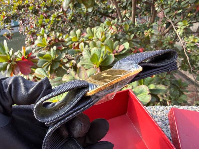 二手絕版Ferragamo深藍色蝴蝶結金屬logo緞帶拚皮革腰封腰帶Vintage皮帶-6