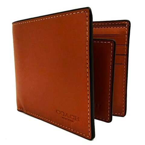 【全新】COACH 男款素面牛皮8卡附活動證件夾短夾(楓葉棕)