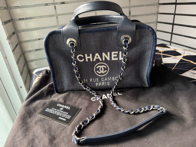 二手CHANEL絕版深藍色牛仔丹寧保齡球沙灘包波士頓包小-0