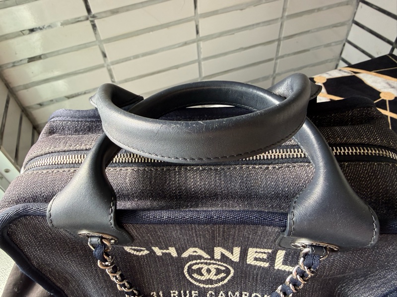 二手CHANEL絕版深藍色牛仔丹寧保齡球沙灘包波士頓包小-1
