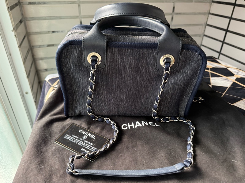二手CHANEL絕版深藍色牛仔丹寧保齡球沙灘包波士頓包小-3