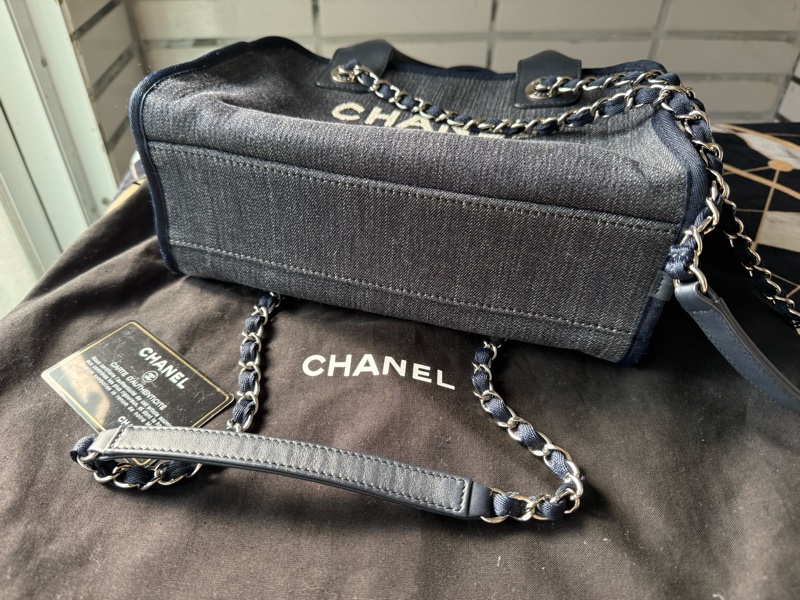 二手CHANEL絕版深藍色牛仔丹寧保齡球沙灘包波士頓包小-4
