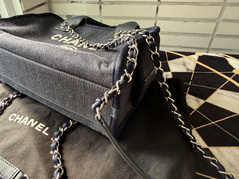 二手CHANEL絕版深藍色牛仔丹寧保齡球沙灘包波士頓包小-5