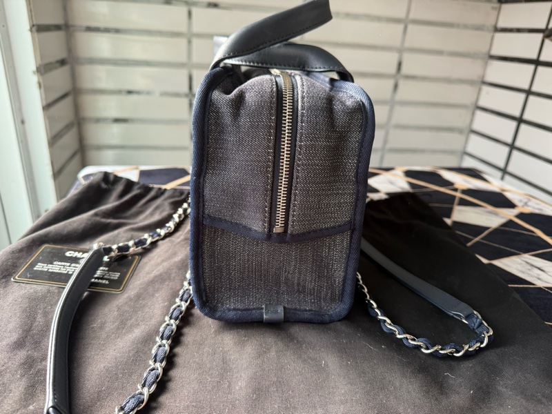 二手CHANEL絕版深藍色牛仔丹寧保齡球沙灘包波士頓包小-7