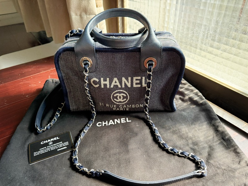 二手CHANEL絕版深藍色牛仔丹寧保齡球沙灘包波士頓包小-11