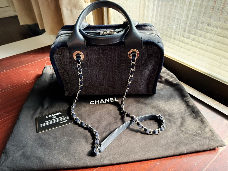 二手CHANEL絕版深藍色牛仔丹寧保齡球沙灘包波士頓包小-12