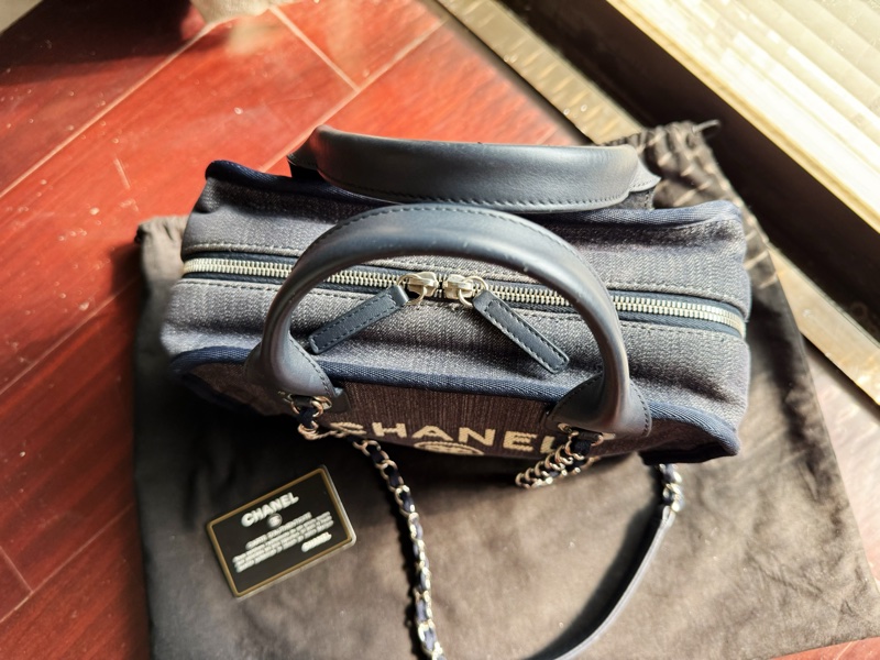二手CHANEL絕版深藍色牛仔丹寧保齡球沙灘包波士頓包小-13
