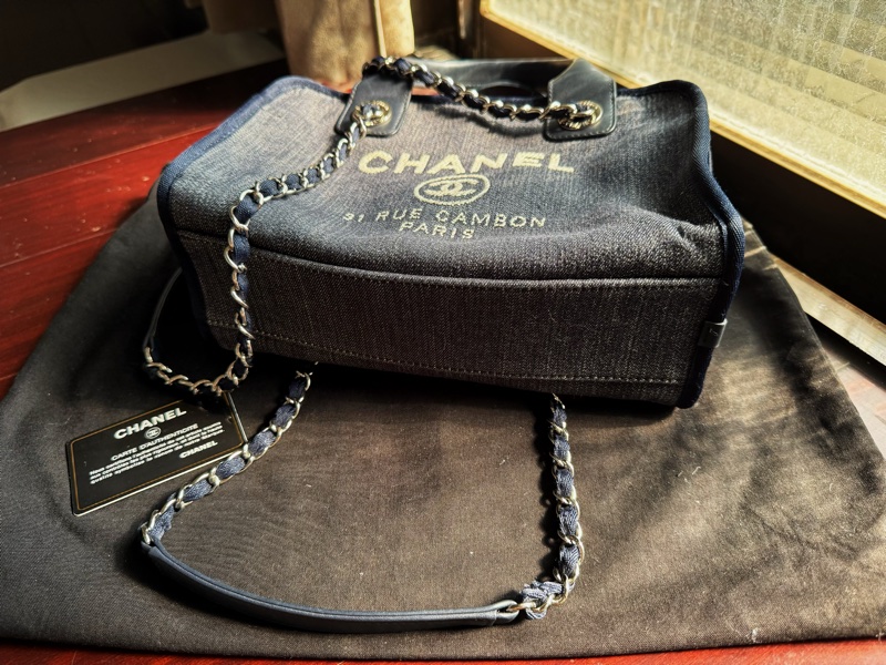 二手CHANEL絕版深藍色牛仔丹寧保齡球沙灘包波士頓包小-14