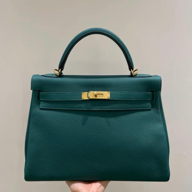 孔雀綠Kelly 愛馬仕Hermes Kelly32 孔雀綠金扣 togo皮 框Q附件有肩帶 鎖具-0