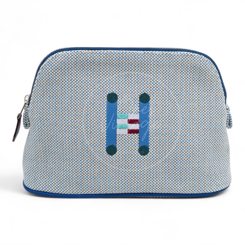 Hermès 愛馬仕Bolide Crazy H 刺繡帆布迷你收納包 藍色-0