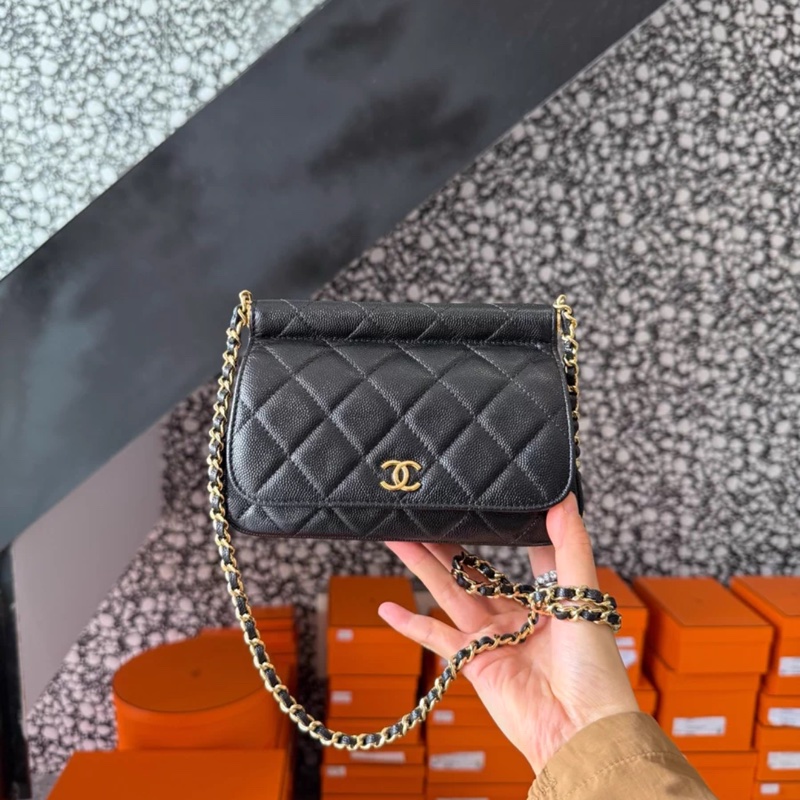 Chanel 馬鞍包中號 黑金荔枝皮 芯片款-0