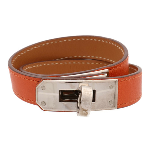 HERMES Swift皮革Kelly Double Tour Bracelet銀扣手帶Orange