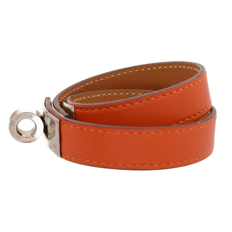HERMES Swift皮革Kelly Double Tour Bracelet銀扣手帶Orange-2