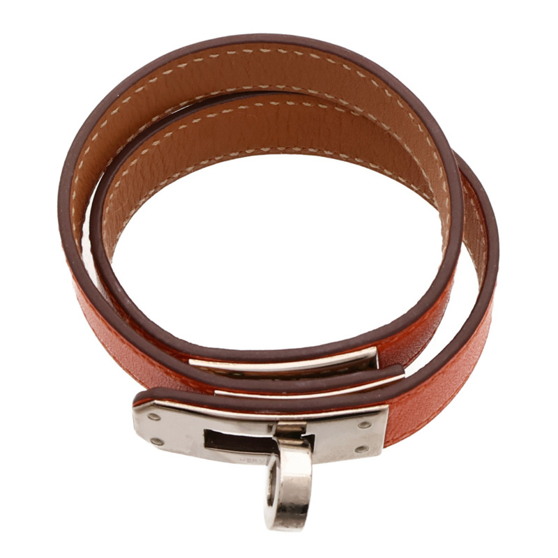 HERMES Swift皮革Kelly Double Tour Bracelet銀扣手帶Orange-4