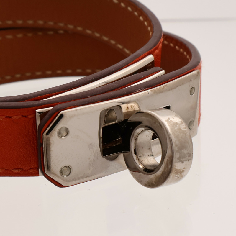 HERMES Swift皮革Kelly Double Tour Bracelet銀扣手帶Orange-6