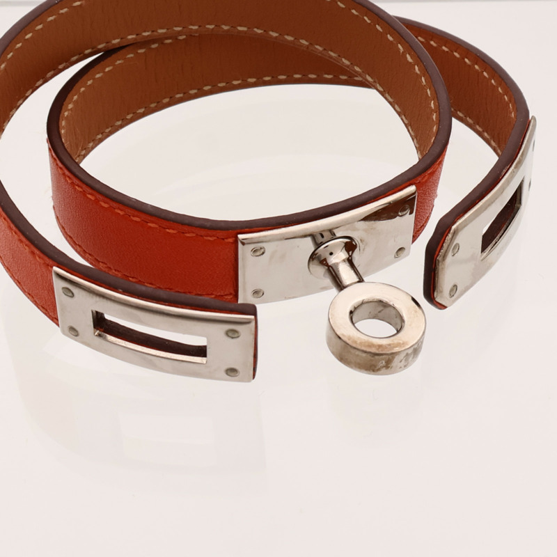 HERMES Swift皮革Kelly Double Tour Bracelet銀扣手帶Orange-7