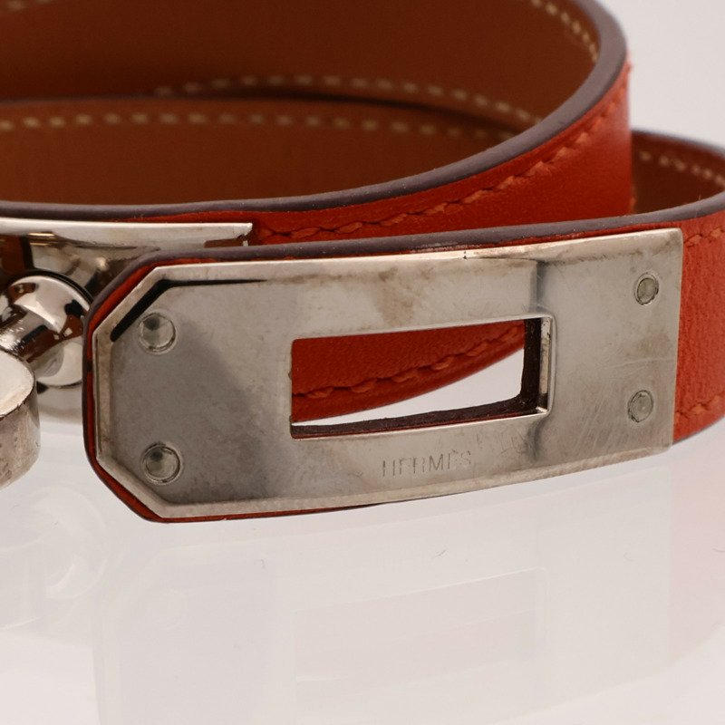 HERMES Swift皮革Kelly Double Tour Bracelet銀扣手帶Orange-8