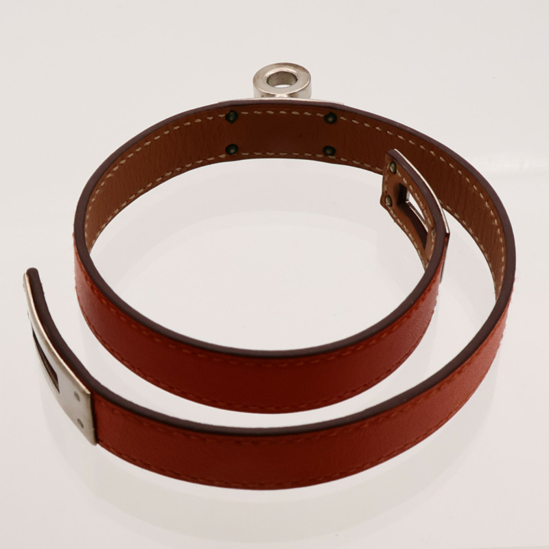 HERMES Swift皮革Kelly Double Tour Bracelet銀扣手帶Orange-9