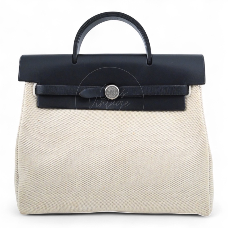 中古 愛馬仕HERBAG米色黑色帆布袋 側背包 肩背包-5