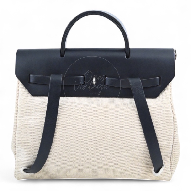 中古 愛馬仕HERBAG米色黑色帆布袋 側背包 肩背包-6