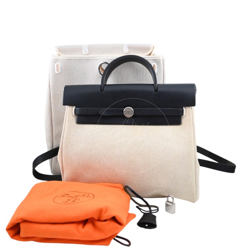 中古 愛馬仕HERBAG米色黑色帆布袋 側背包 肩背包-24