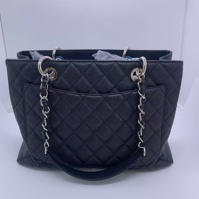 二手Chanel香奈兒GST黑銀單肩包，鐳射19開，邊角有磨損，形狀如圖，五金有氧化划痕-1