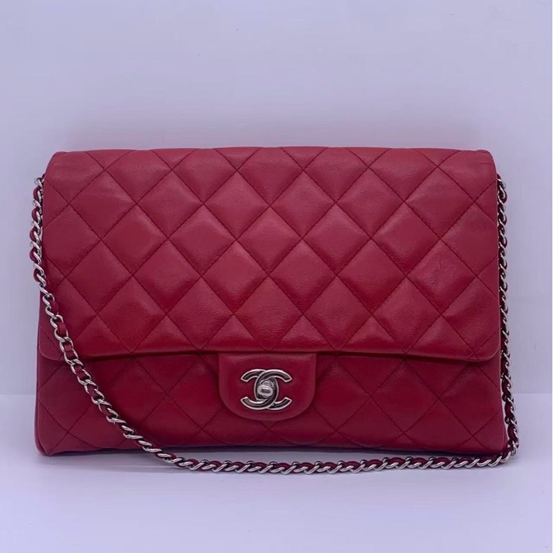二手Chanel香奈兒timeless信封包紅色羊皮，整包護理過，自用划算-0