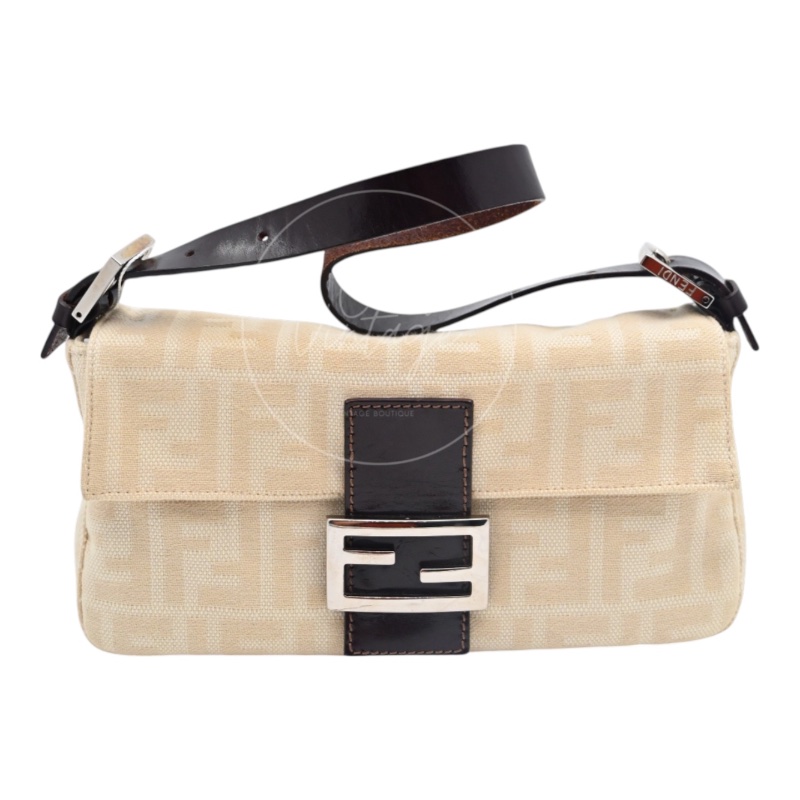 中古 Fendi Zucca Baguette 經典米白象牙色帆布法棍包-0