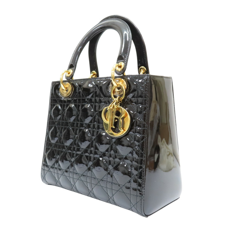 黑色 漆皮騰格紋 Lady Dior 兩用包 銀扣【DIOR 迪奧】 VRB44550-2