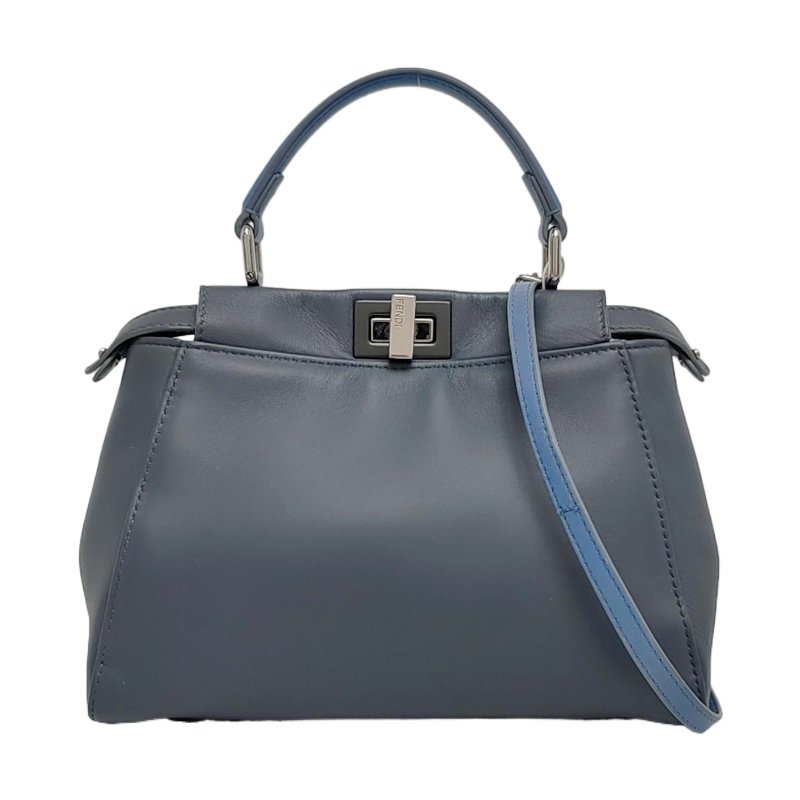 FENDI Peekaboo藍色羊皮單肩包黑色五金可拆卸肩帶 9.8新-0