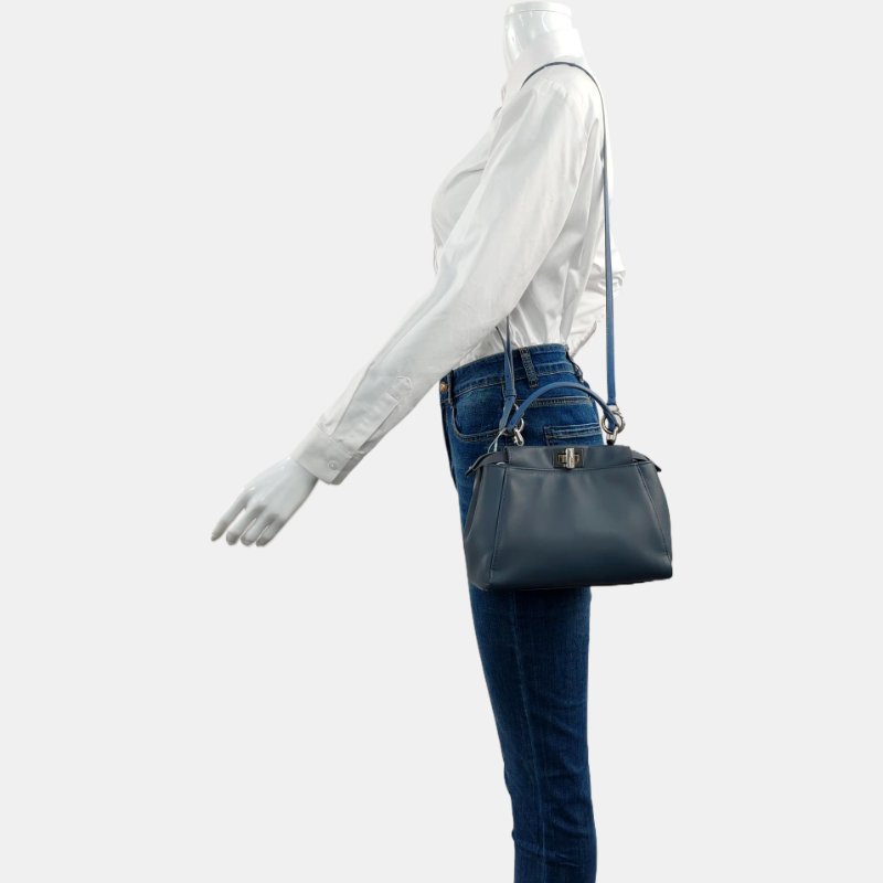 FENDI Peekaboo藍色羊皮單肩包黑色五金可拆卸肩帶 9.8新-1