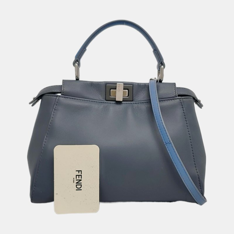 FENDI Peekaboo藍色羊皮單肩包黑色五金可拆卸肩帶 9.8新-7