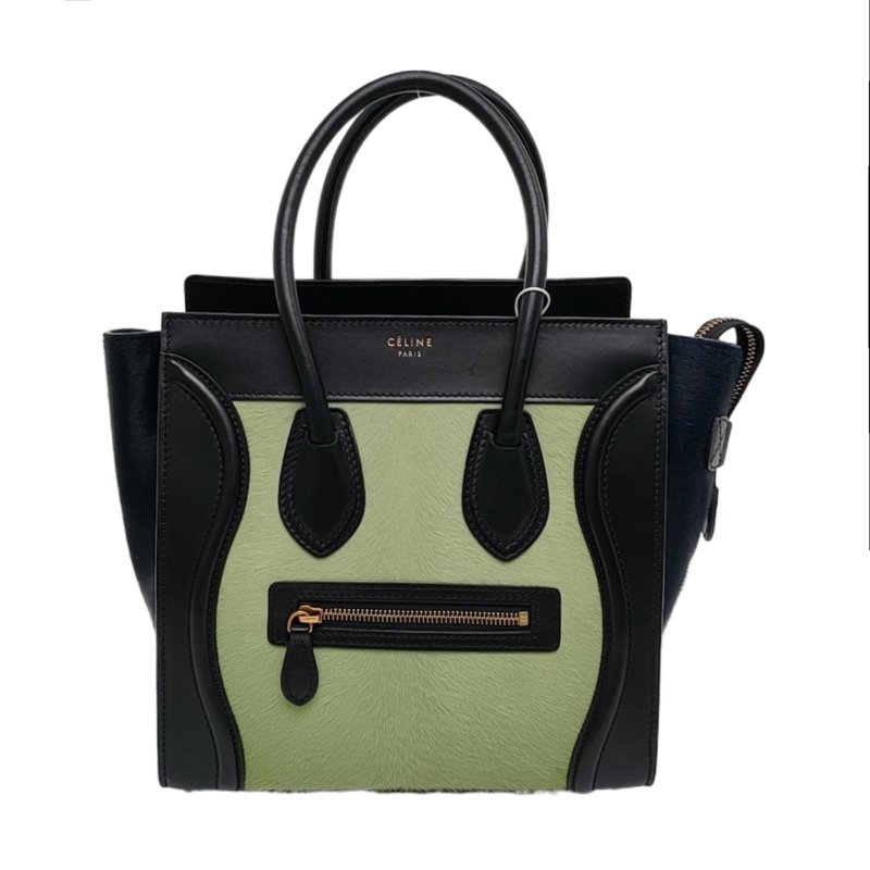 CELINE LUGGAGE Micro綠色馬毛笑臉包手提包金色五金-0