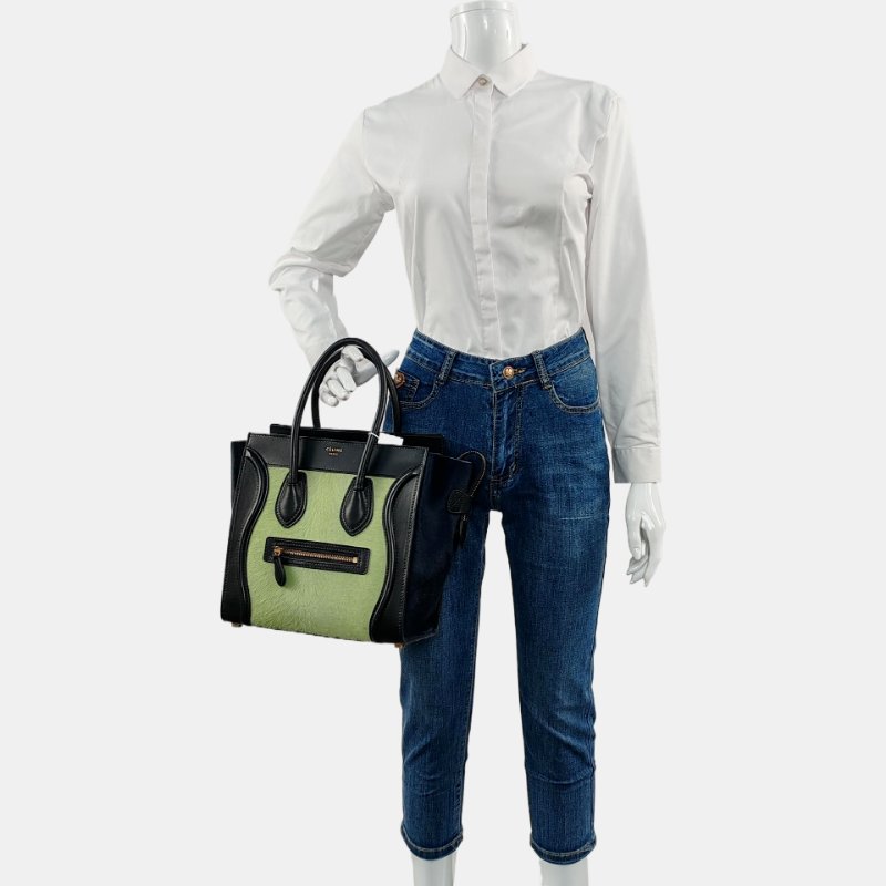 CELINE LUGGAGE Micro綠色馬毛笑臉包手提包金色五金-1