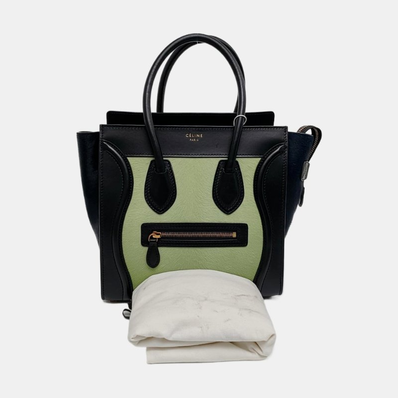 CELINE LUGGAGE Micro綠色馬毛笑臉包手提包金色五金-7
