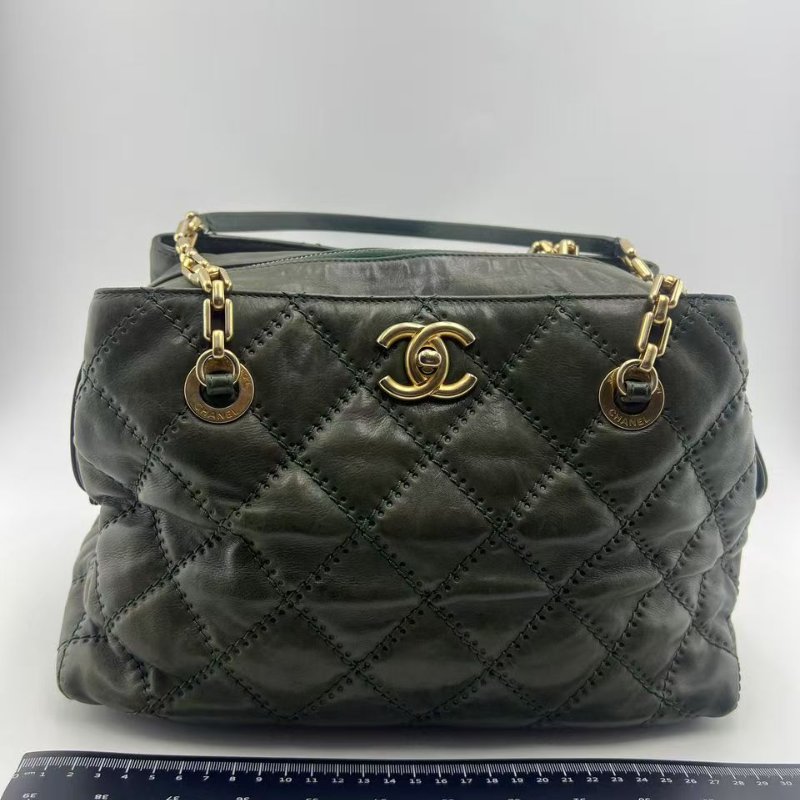 香奈兒 墨綠菱格紋復古做舊牛皮 單肩斜背兩用包-6