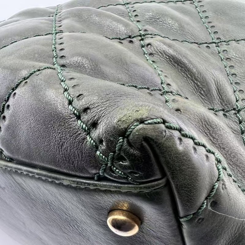 香奈兒 墨綠菱格紋復古做舊牛皮 單肩斜背兩用包-10