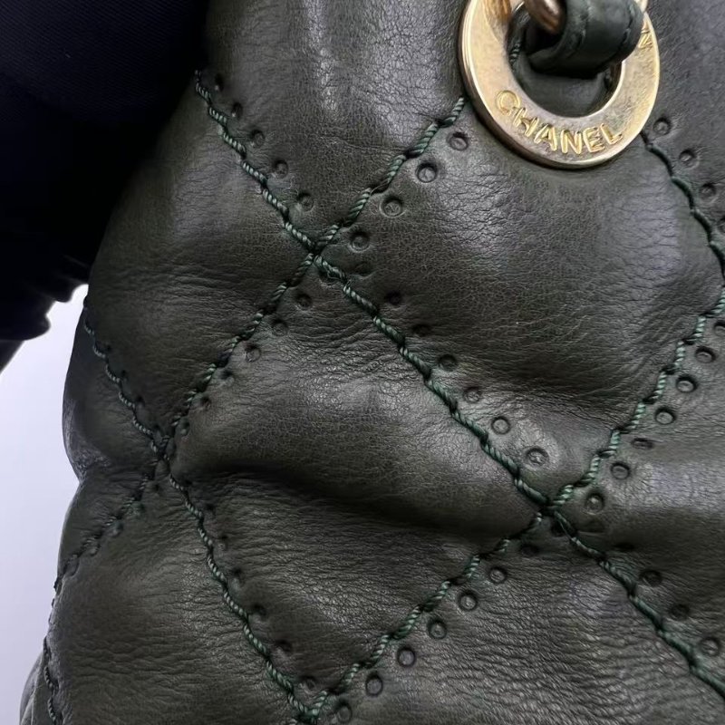 香奈兒 墨綠菱格紋復古做舊牛皮 單肩斜背兩用包-20