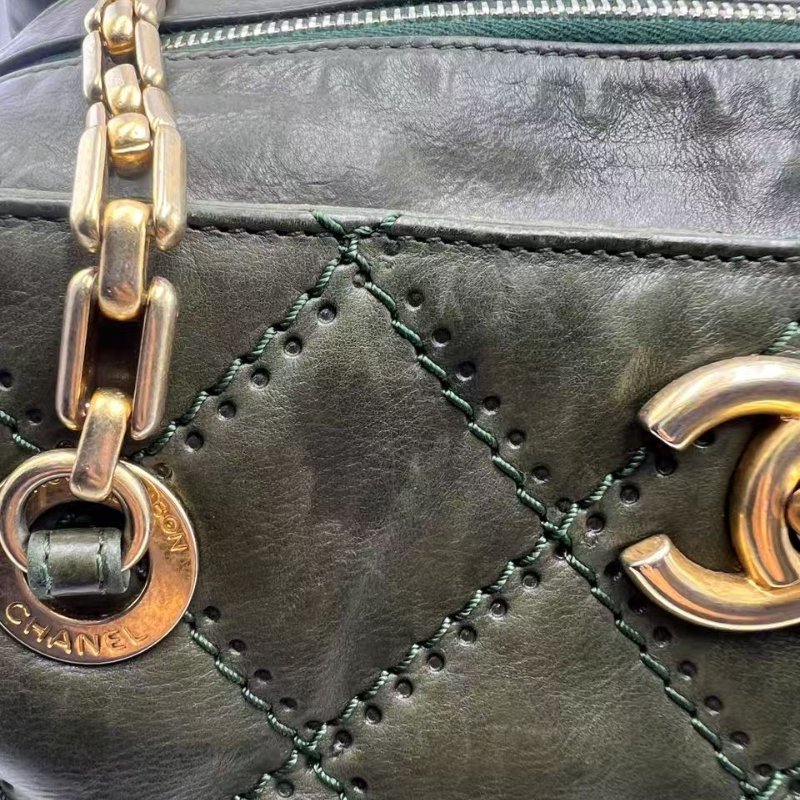 香奈兒 墨綠菱格紋復古做舊牛皮 單肩斜背兩用包-21