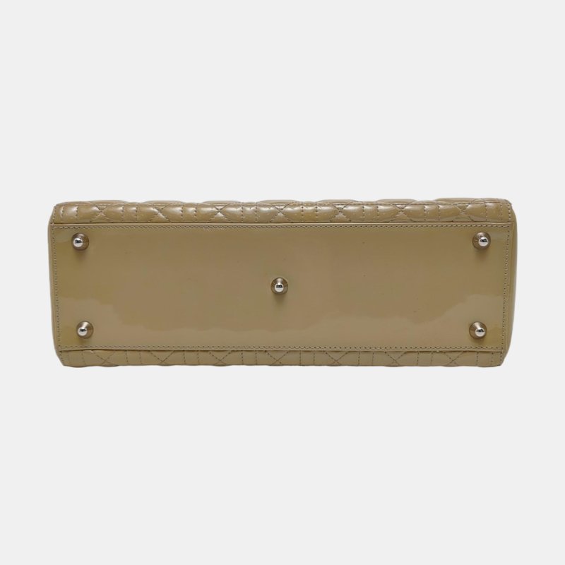 DIOR Lady Dior大號黃綠色漆皮藤格紋新絎縫戴妃七格單肩包手提包銀色五金可拆卸肩帶-5