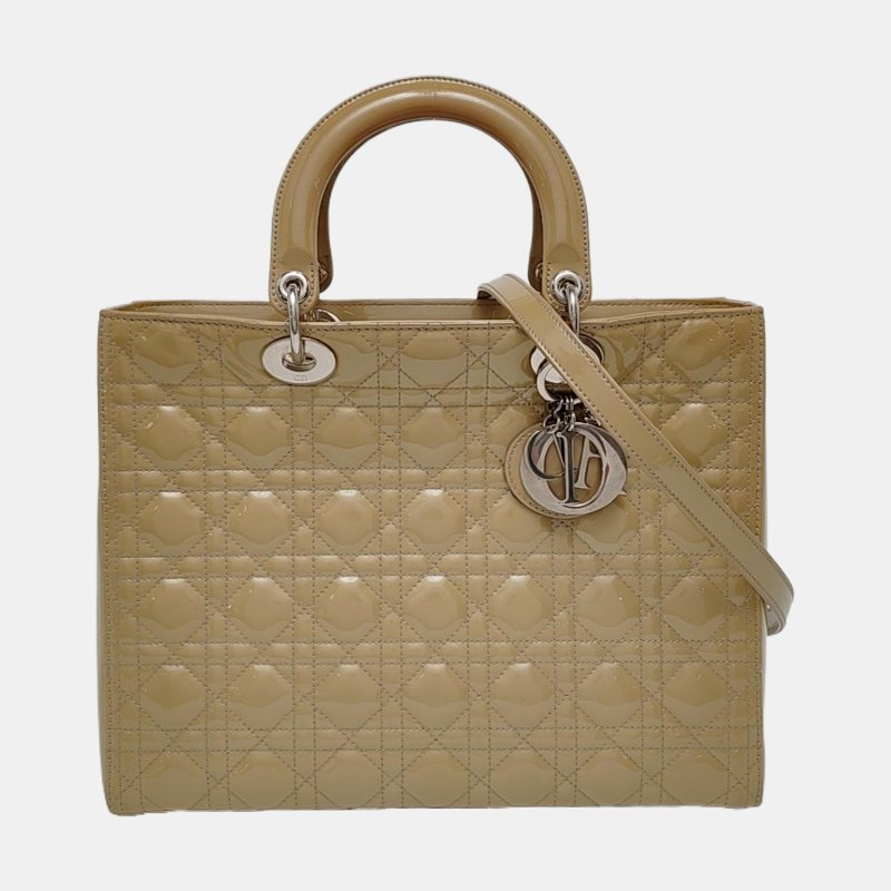 DIOR Lady Dior大號黃綠色漆皮藤格紋新絎縫戴妃七格單肩包手提包銀色五金可拆卸肩帶-7